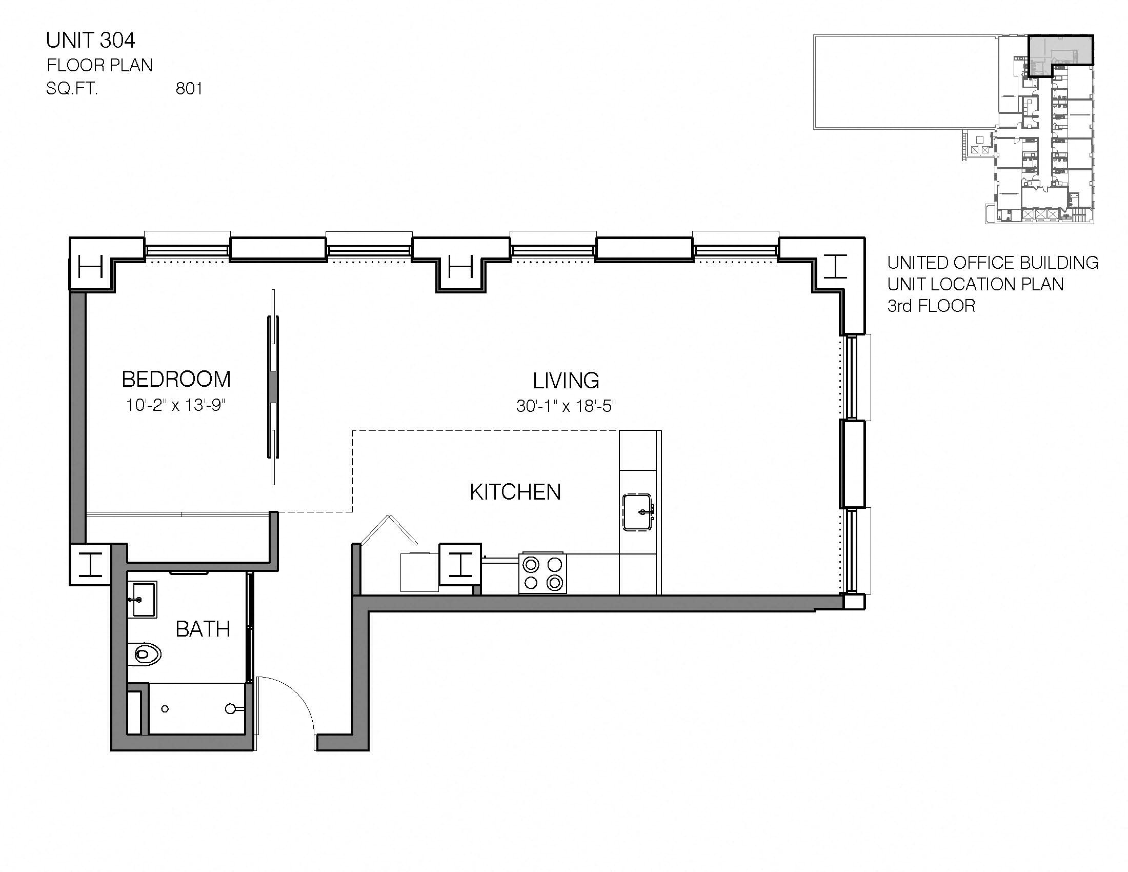 Floor plan for 1 bed, 1 bath, 801 sqft